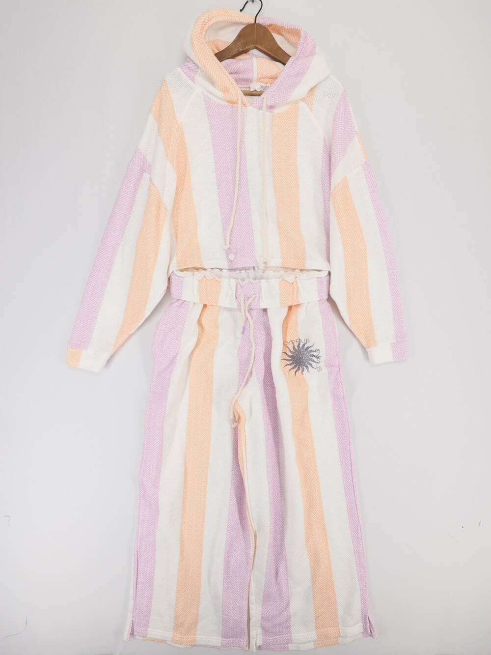 Out From Under Lounge Set Womens M Pink Striped Hooded Cropped Cyprus Sun Knit